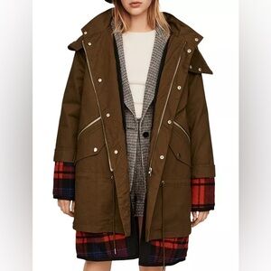Maje Gapo Plaid Underlay Lined Coat In Khaki Green